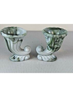 Set 2 Vintage Green White Slag Glass Akro Agate Toothpick Cornucopias